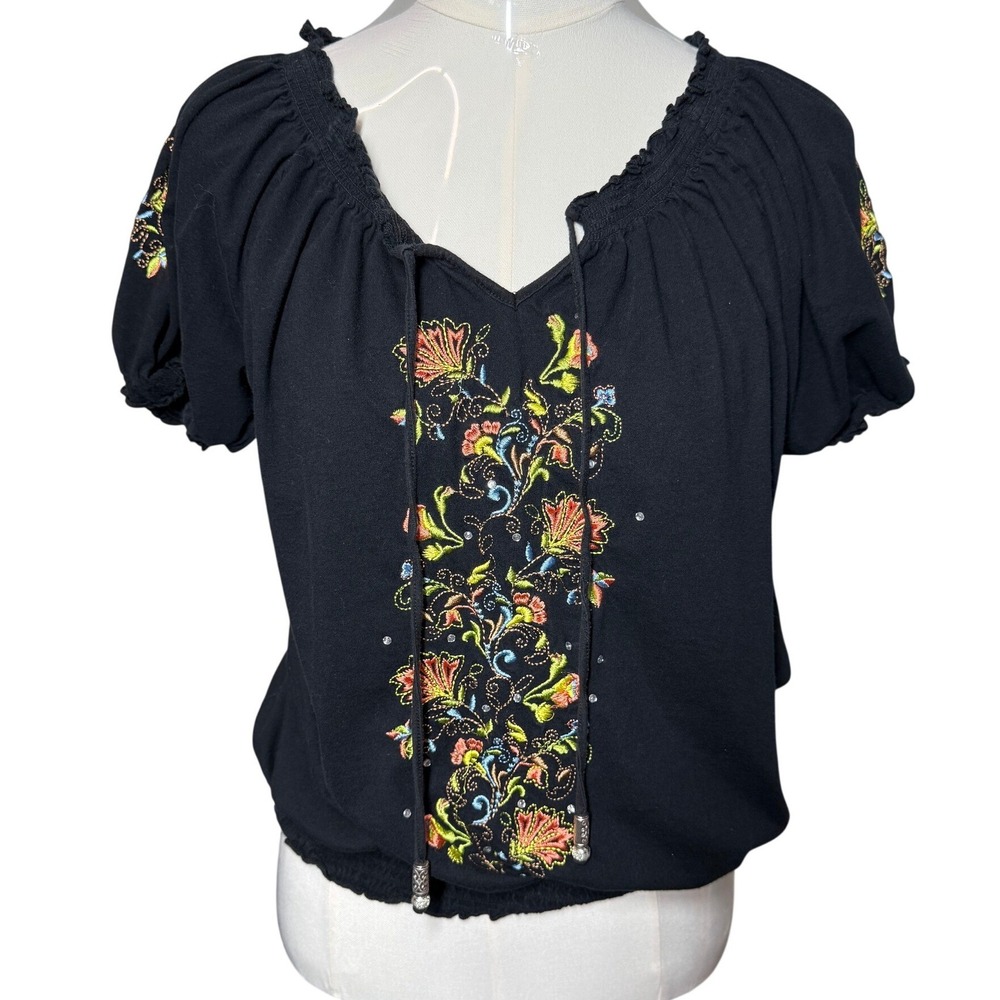 RXB Womens XL Black Floral Embroidered Peasant Blouse Smocked Boho Top Cotton